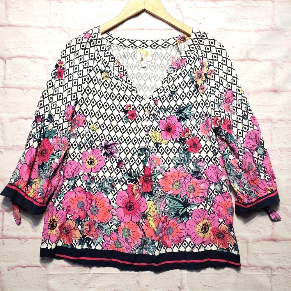 Fig & Flower Boho Floral‎ Top Womens PL Pink Rayon Tie Sleeve Cottagecore Twee